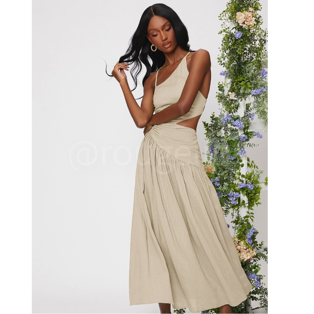 Linen Asymmetrical Beige Dress Cut Out Ruched Maxi Lace Up Back - Picture 4 of 8